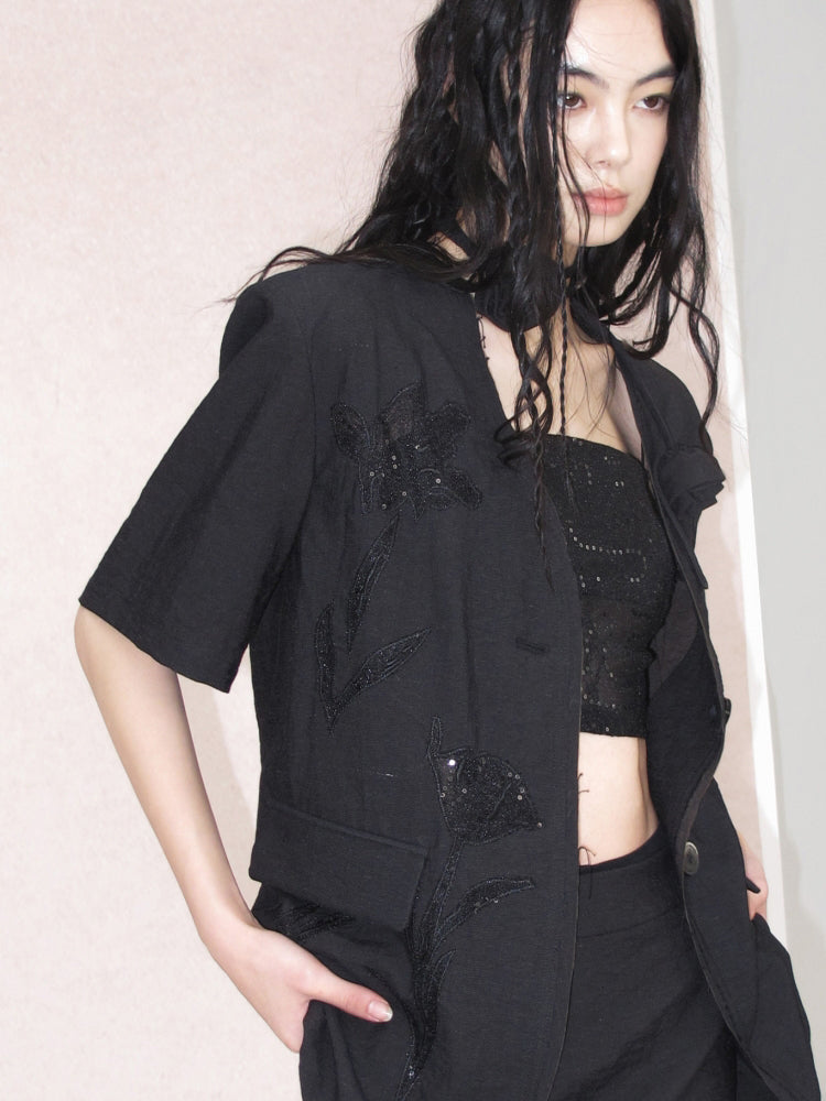 Carved Lace Embroidery Jacket & Camisole & Short Skirt