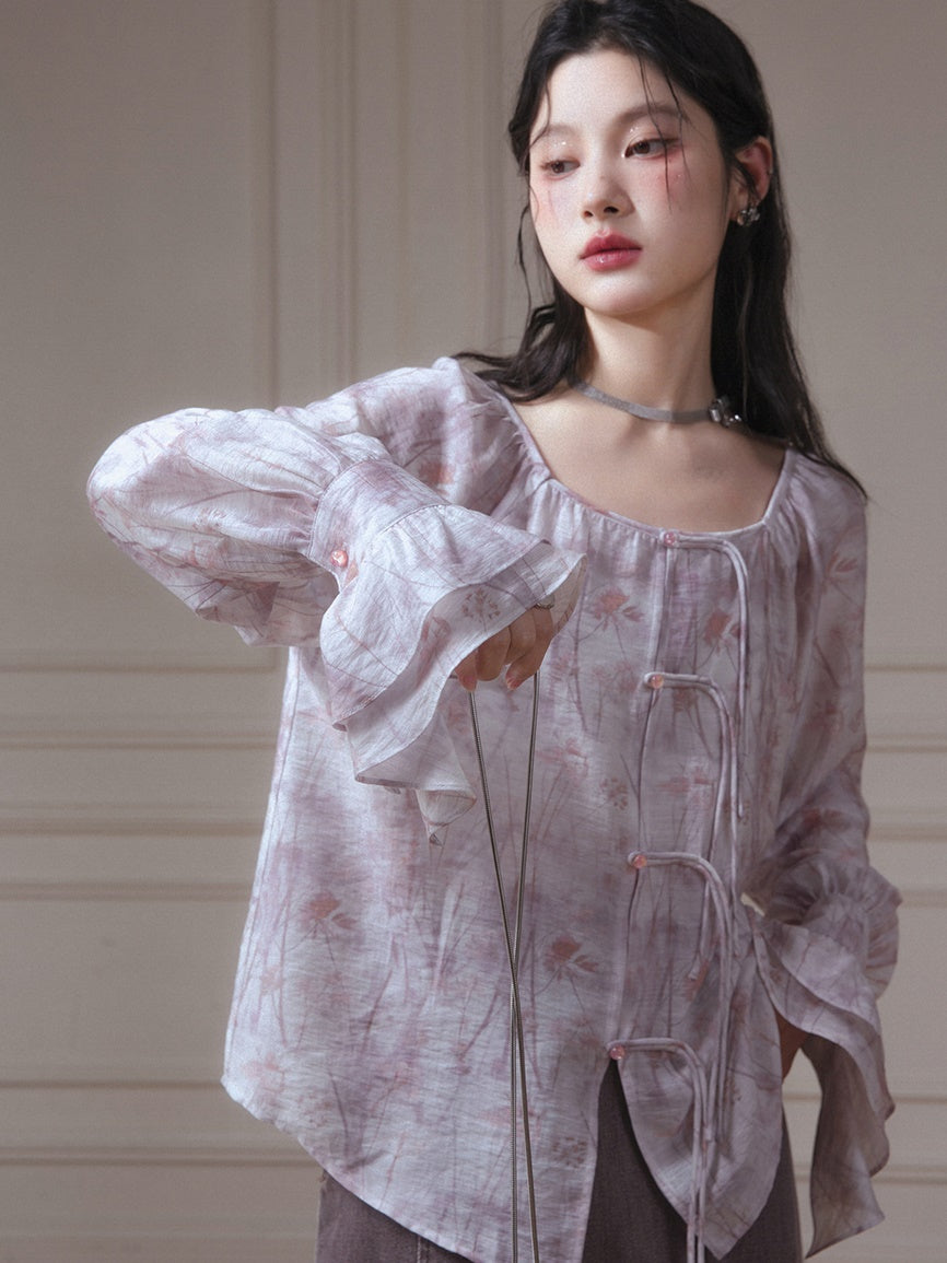Chinese Floral Bell Sleeve Shirt