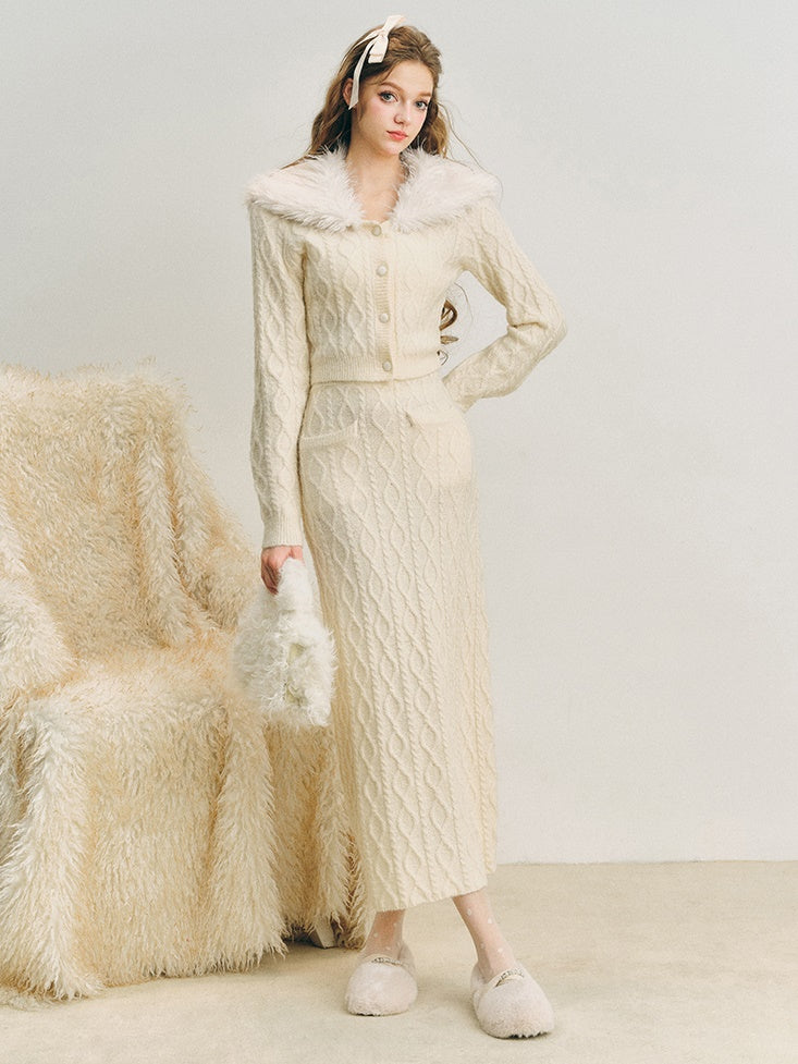 Fur Collar Twist Knitted Cardigan & Long Skirt