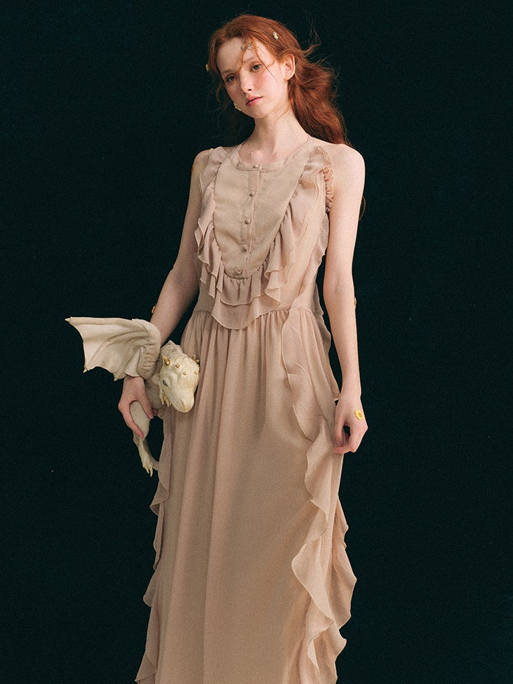 Halterneck Backless Design Frill Long Dress