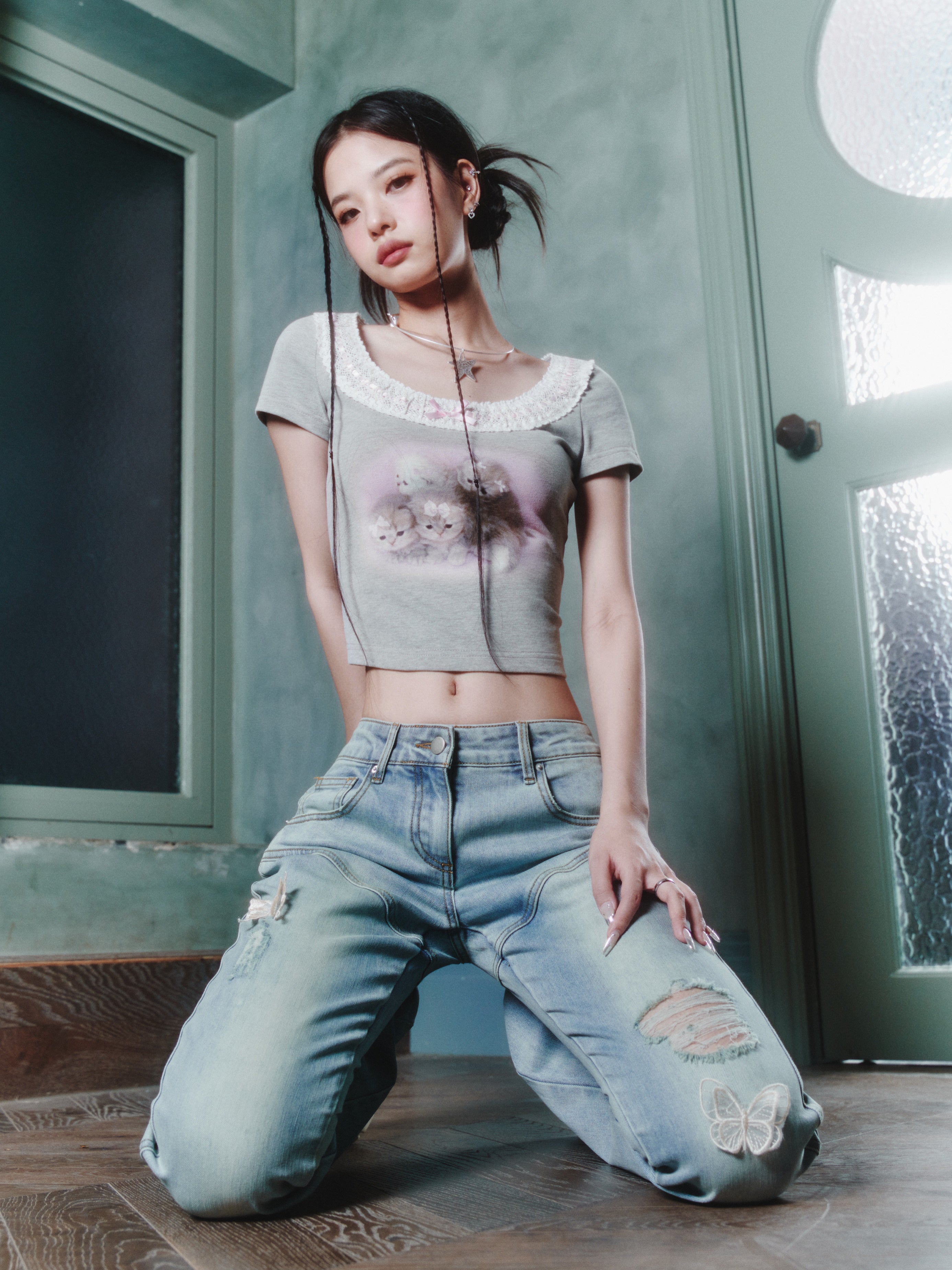 새끼 고양이 프린트 레이스 가장자리 짧은 티셔츠