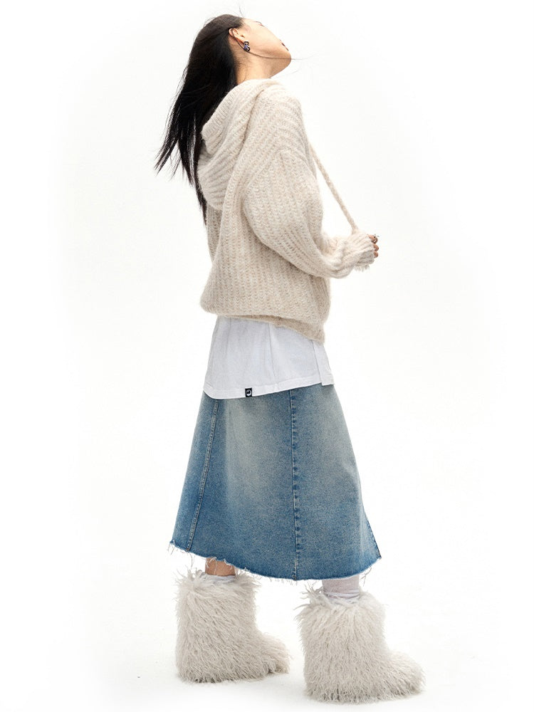 아코디언 밑단 생 가장자리 데님 스커트
