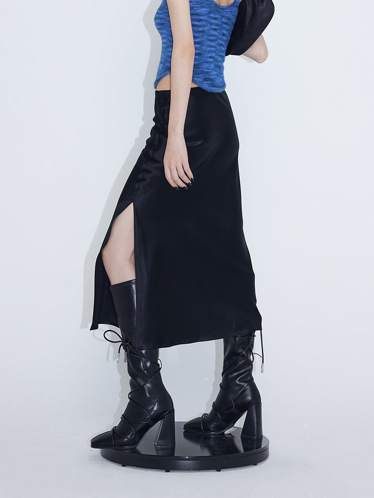 Glossy Drape Slit Skirt