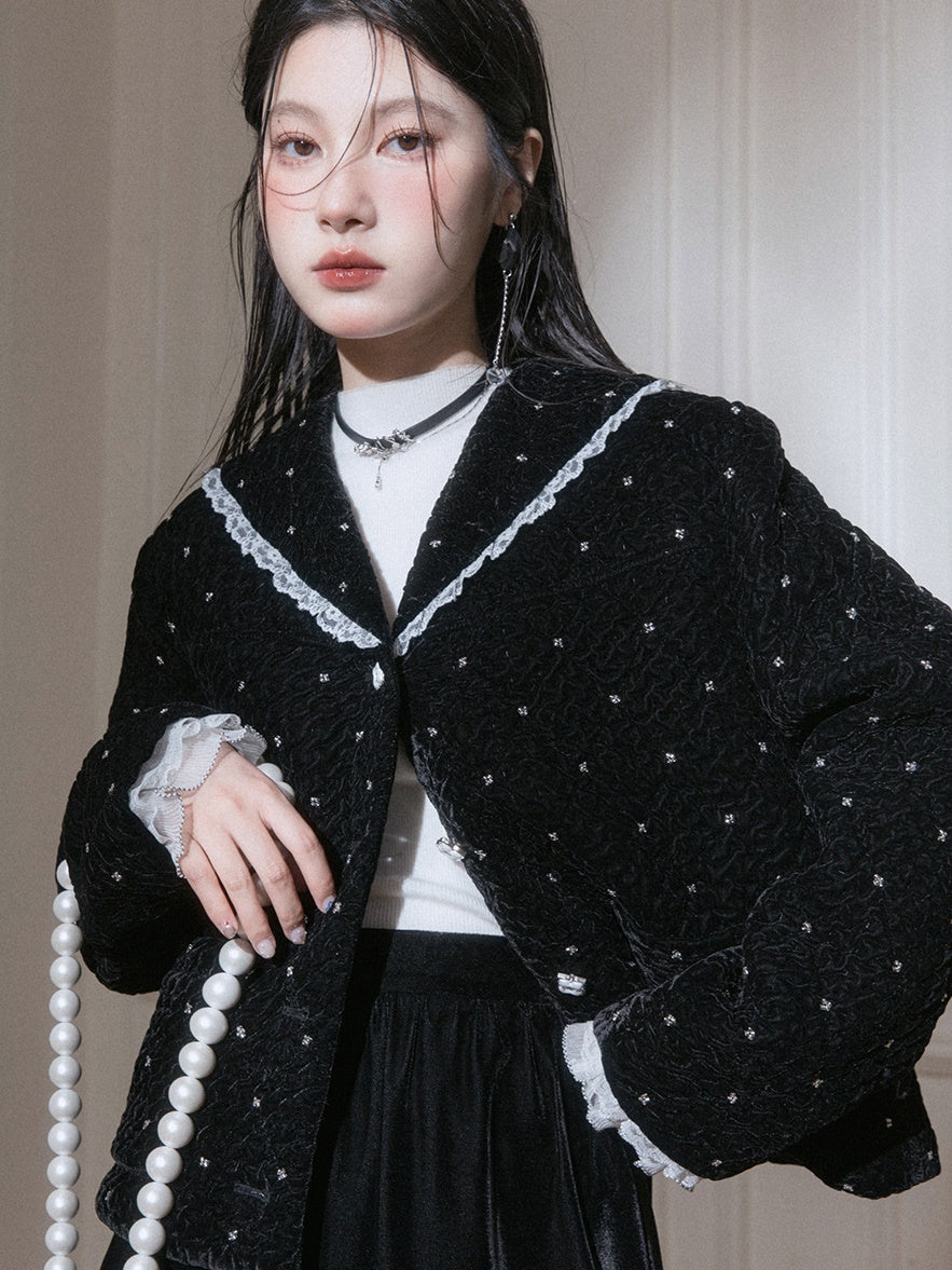 Velvet Bead-flower Short Jacket & Lace Stitch Cake Skirt