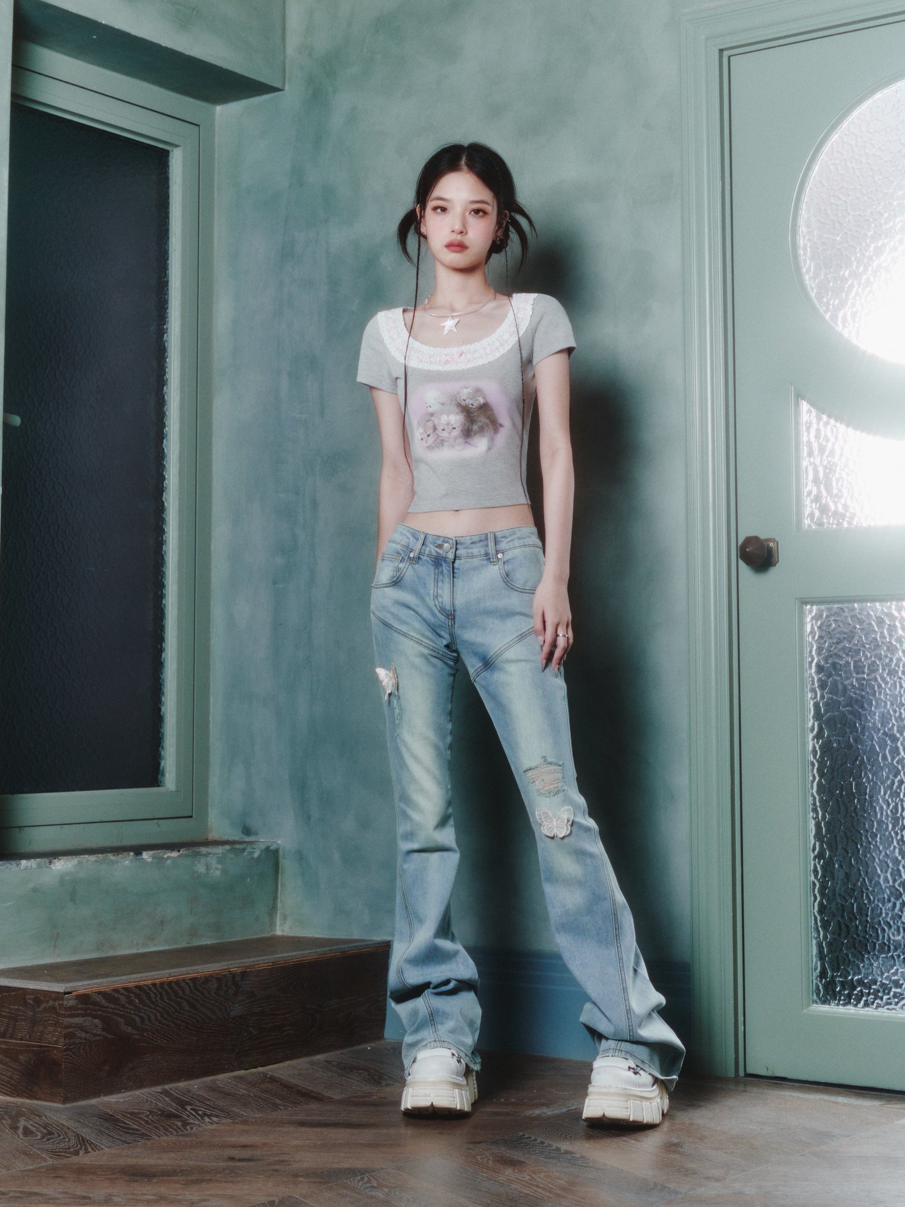 새끼 고양이 프린트 레이스 가장자리 짧은 티셔츠