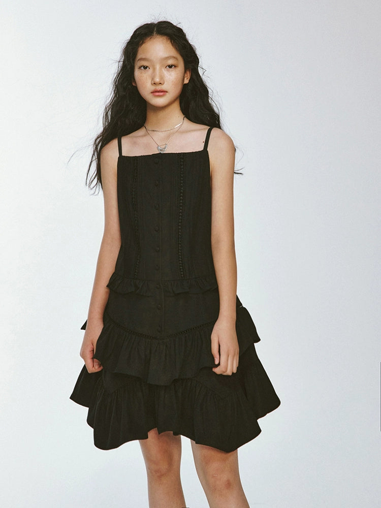 Pin Tuck Ruffle 서스펜더 프랑스 드레스