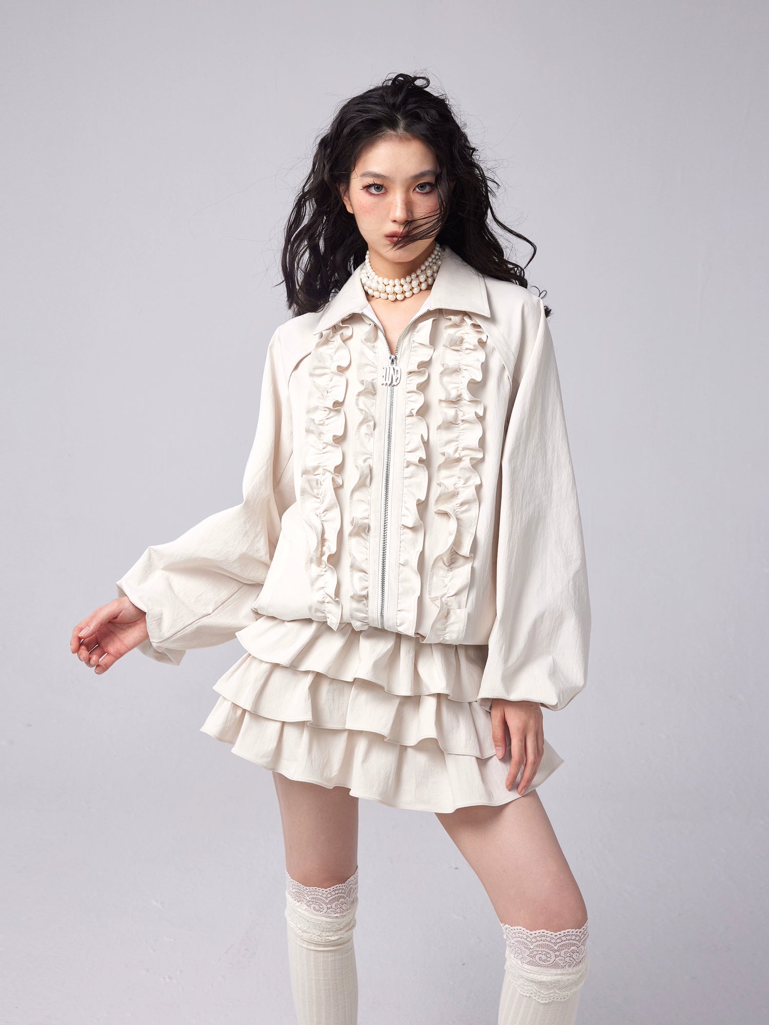 Ruffled POLO Collar Swing Jacket & Cake Skirt