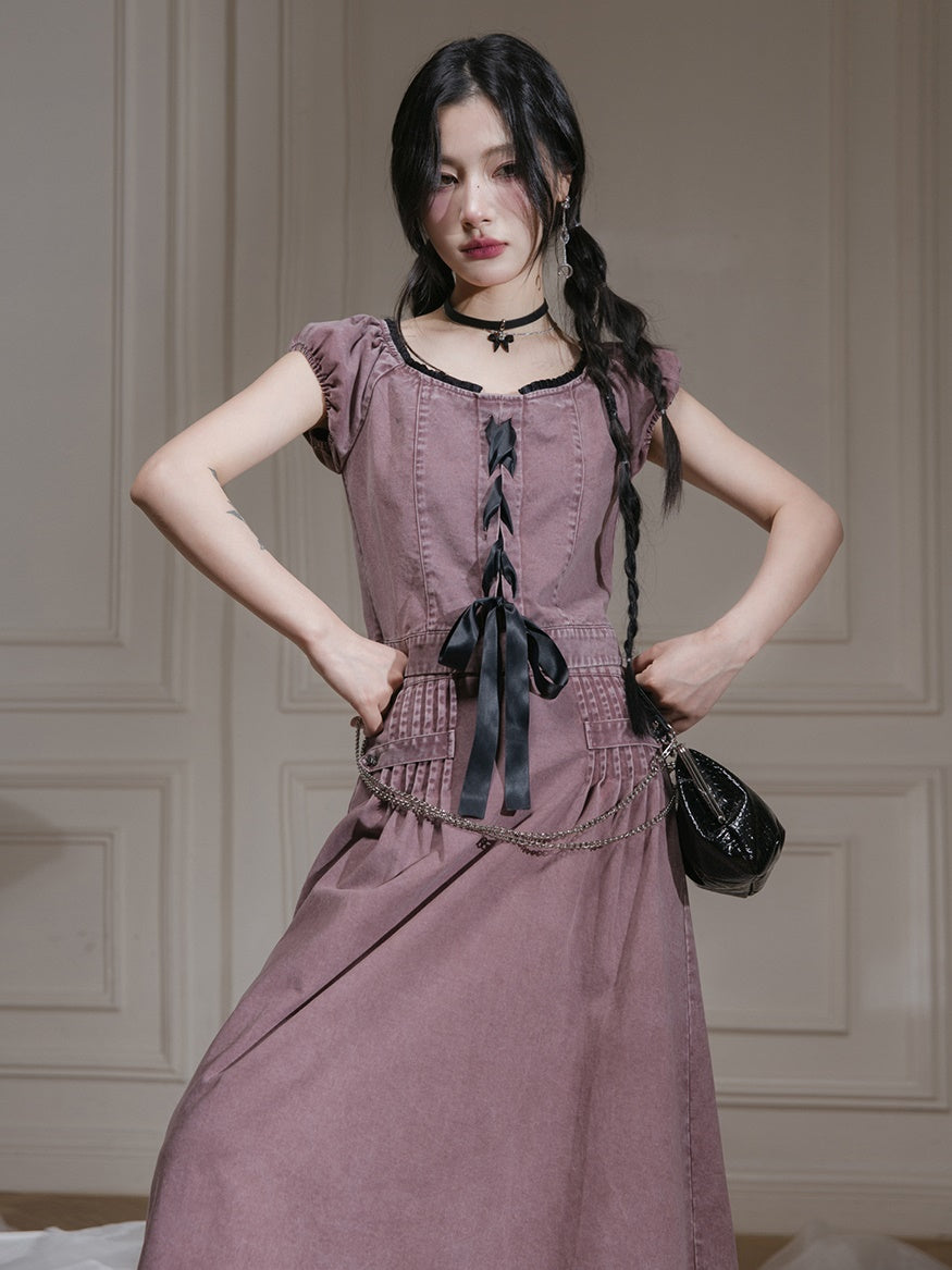 Washed Denim Lace-Up Top & A-Line Skirt Set-up