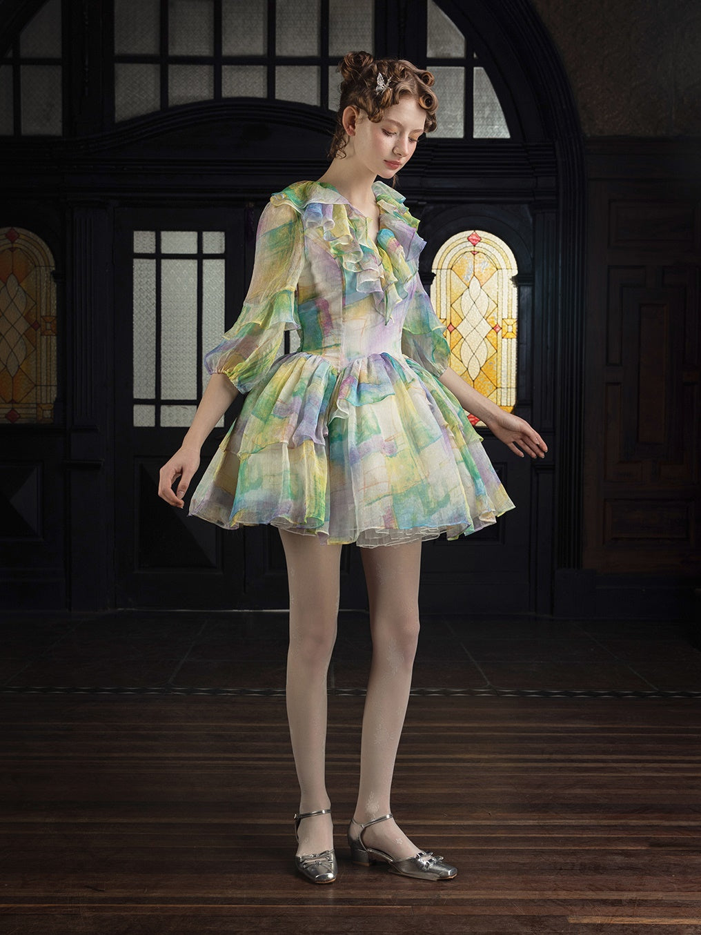 V-neck Frill Short Dress & Pannier