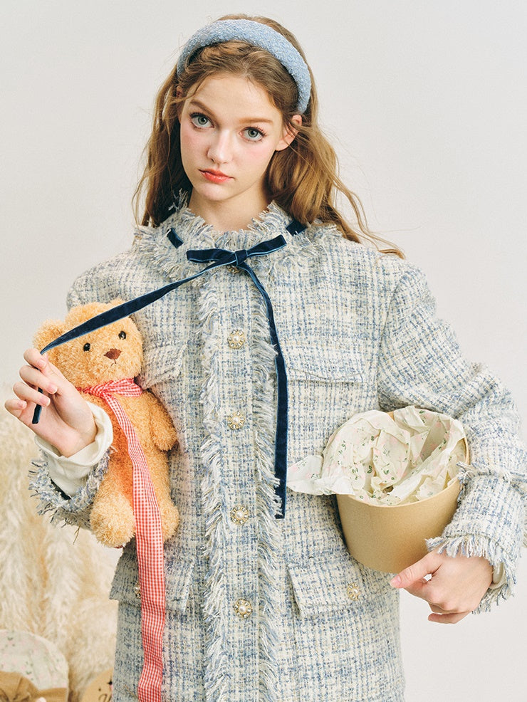 Loose Silhouette Tweed No-Collar Jacket & Mid-Length Skirt
