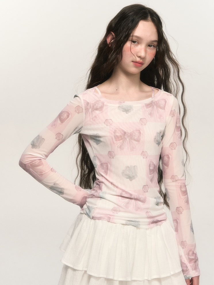Girly Bow Print Elastic Mesh T-shirt