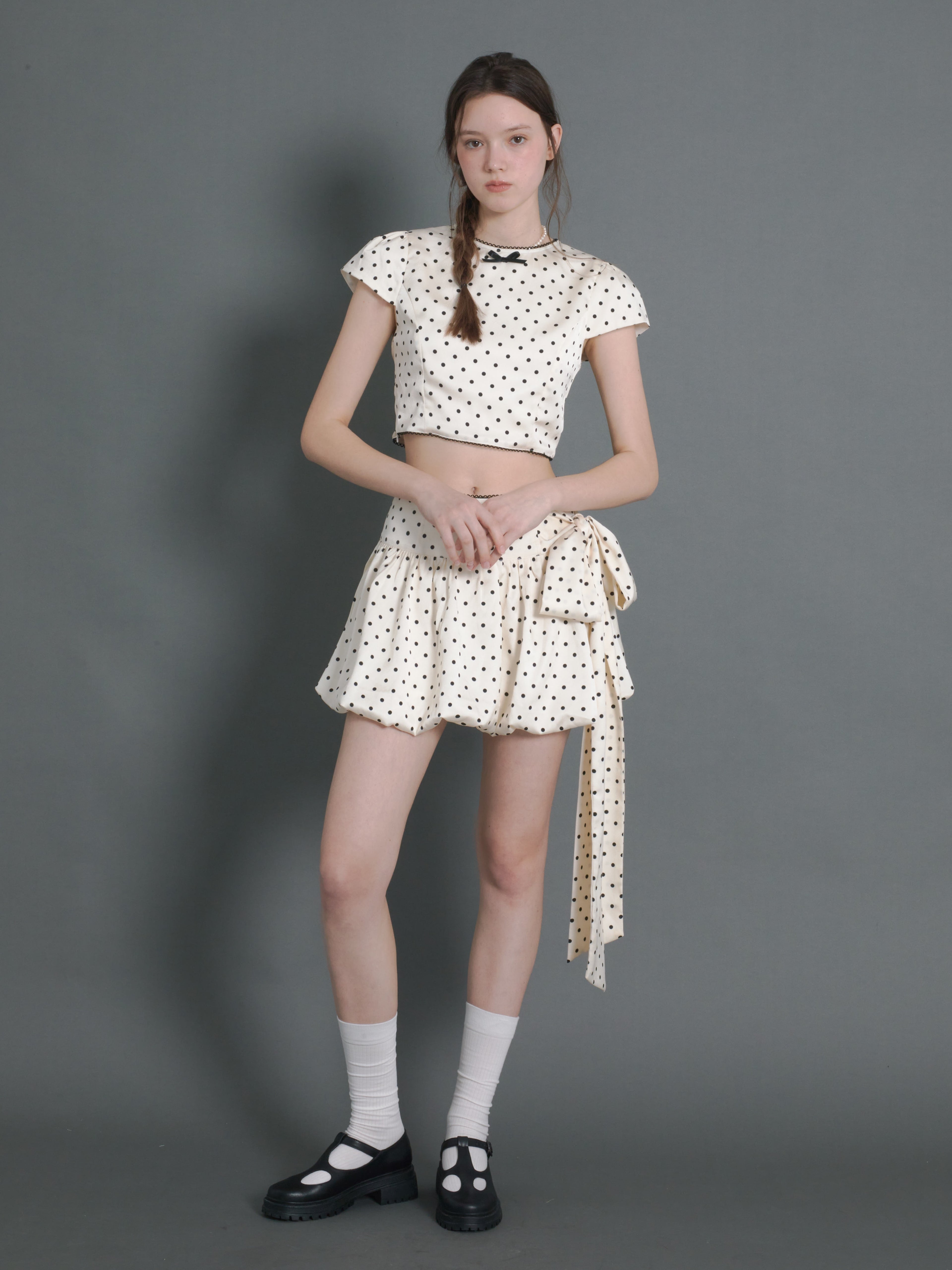 Polka Dot Short Sleeve Cropped Top & Ribbon Bud Skirt