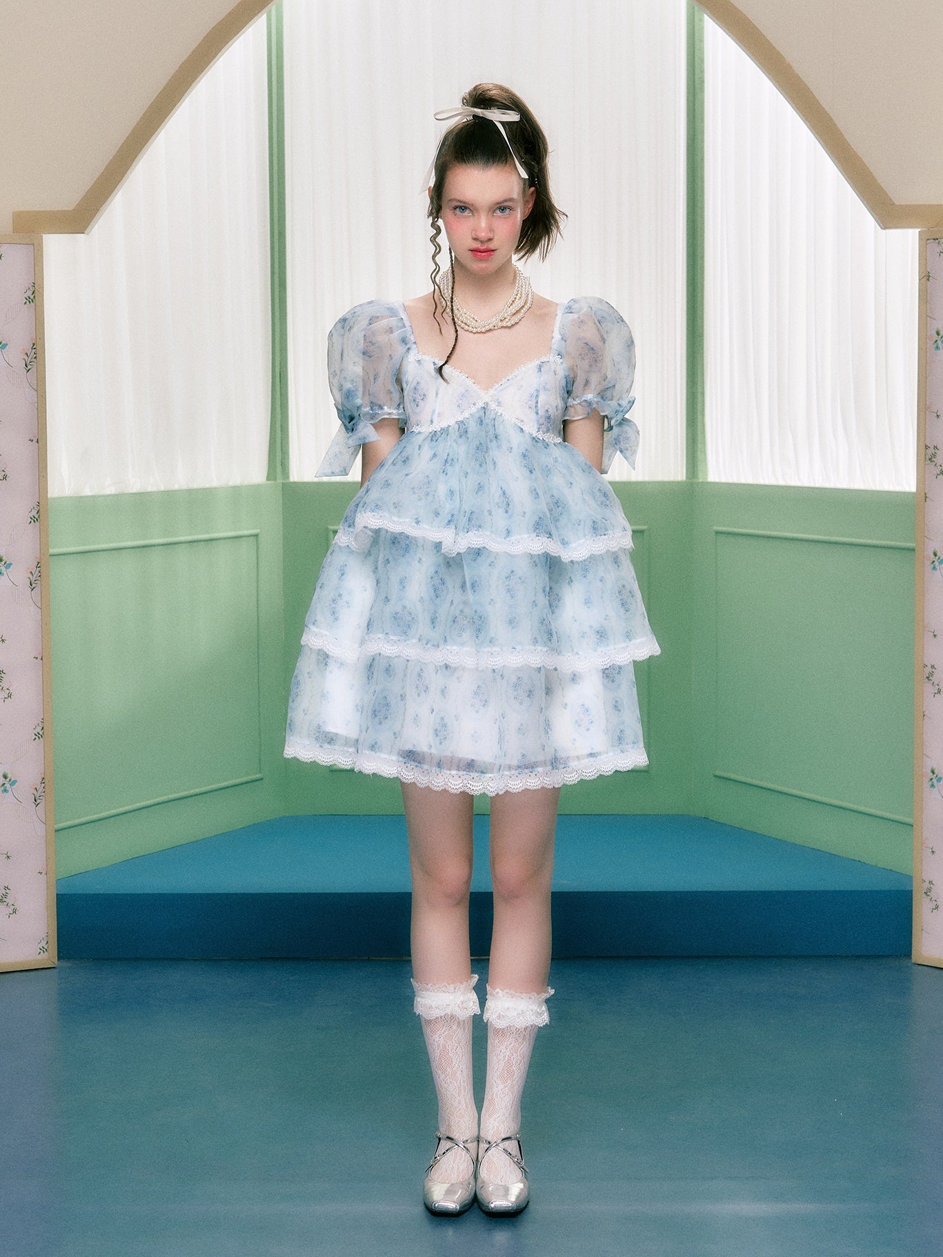 Organza Quadratkragen Puffhülsenkleid Kleid