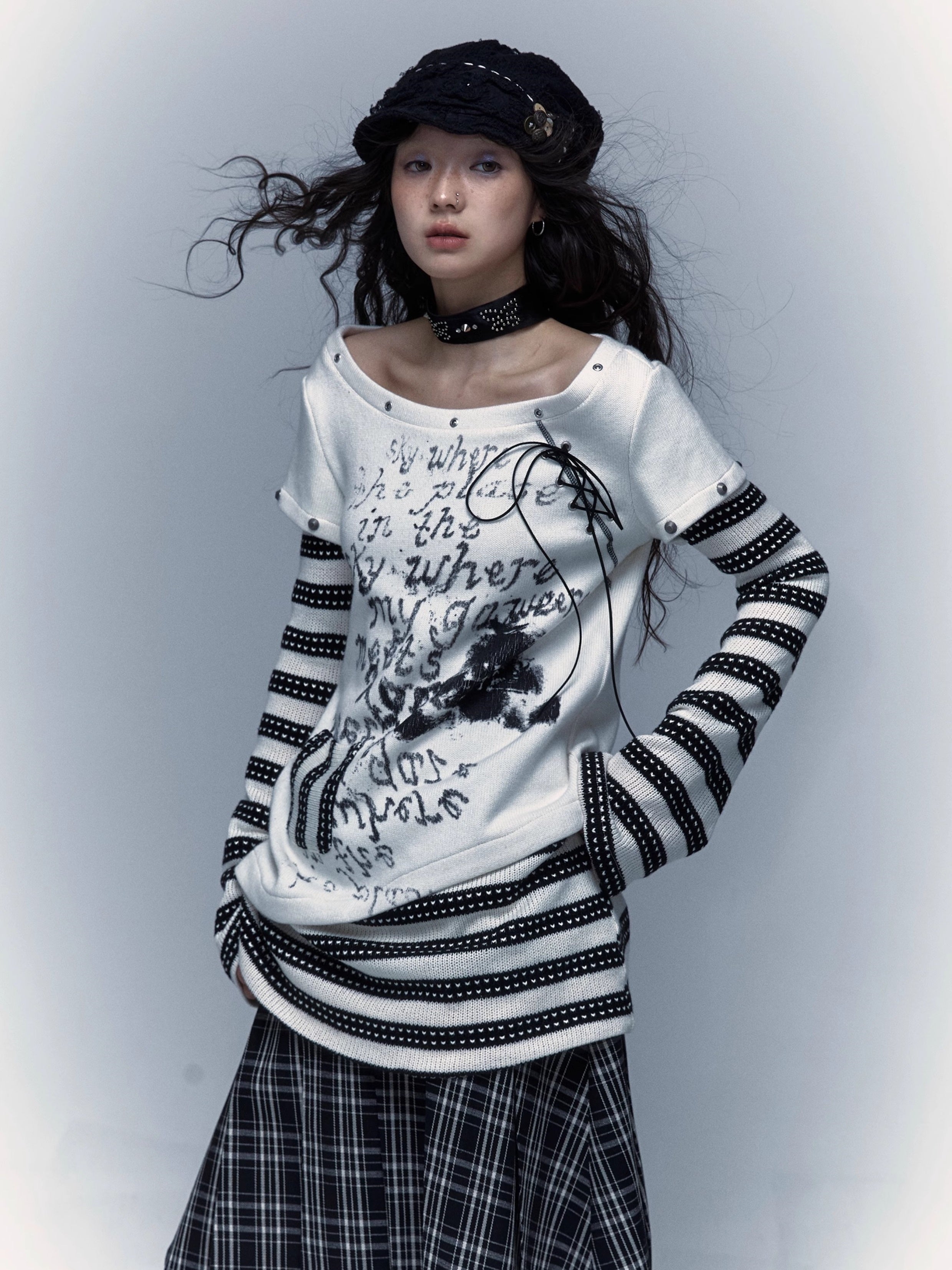 펑크 스 플라이 싱 스트라이프 프린트 긴팔 티셔츠