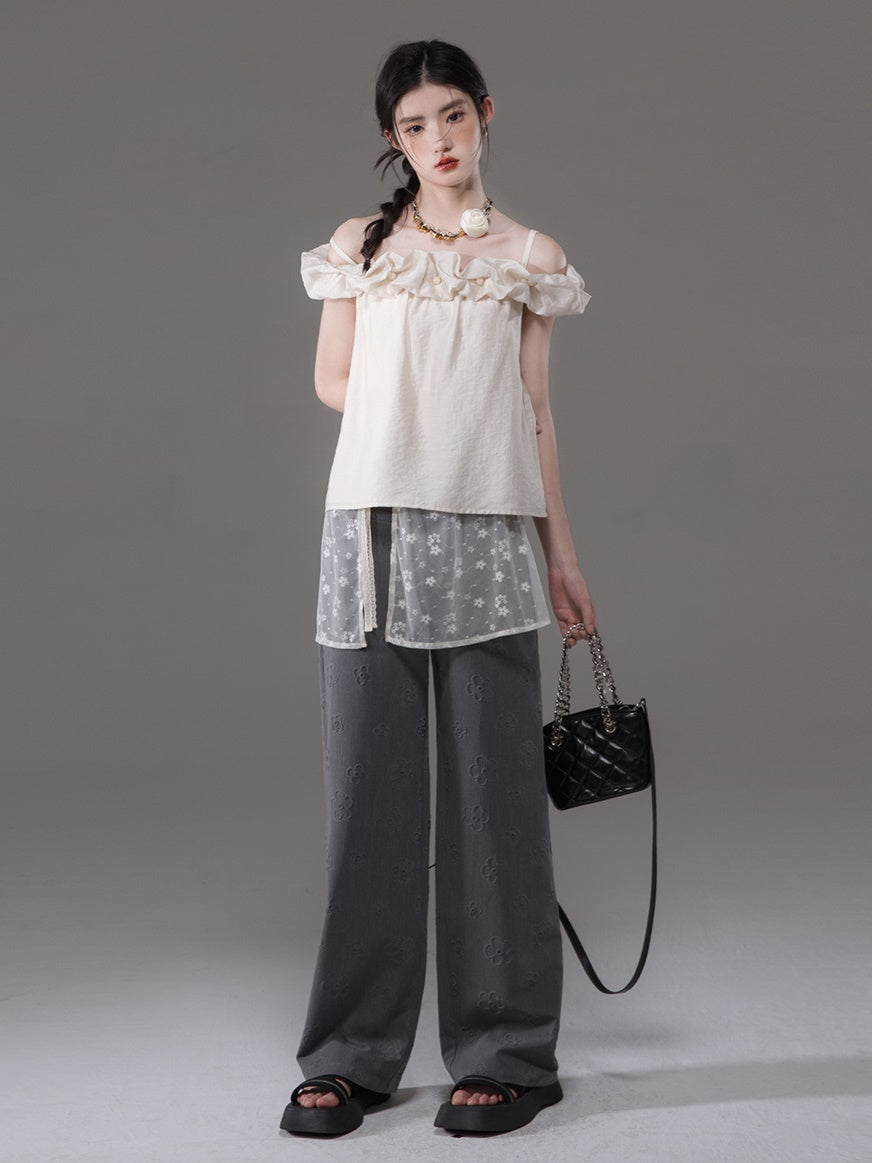 Flower Bud Off-shoulder Shirt & Lace Apron Set-up