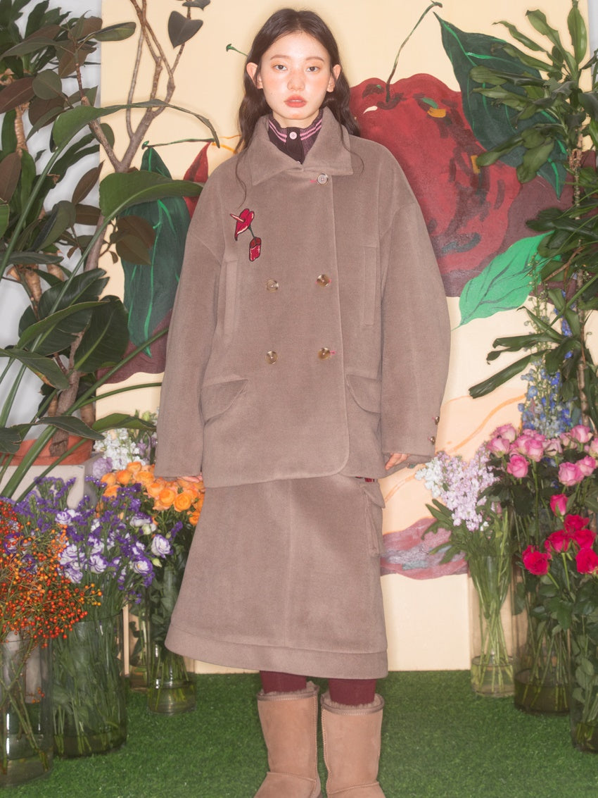 Cherry Embroidered Double Button Coat & Skirt