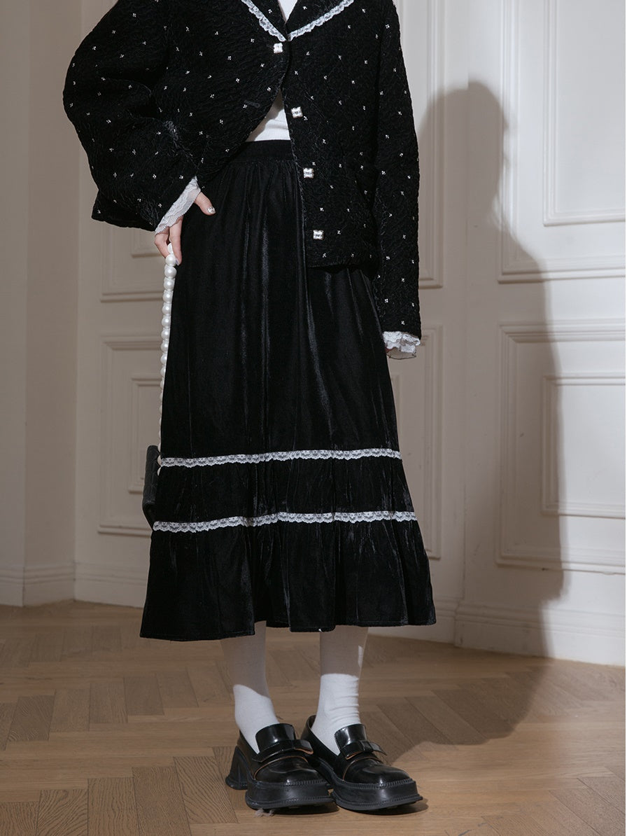Velvet Bead-flower Short Jacket & Lace Stitch Cake Skirt