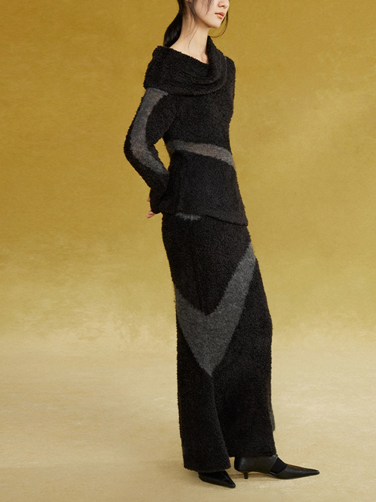 스티칭 비대칭 니트 긴 치마