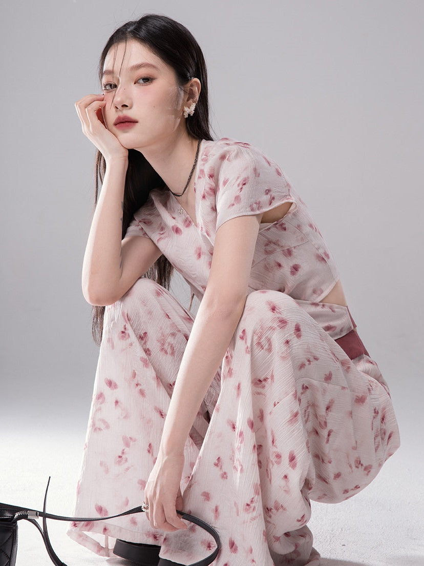 FloralPrint Cross Top & Folded Casual Pants Set-up