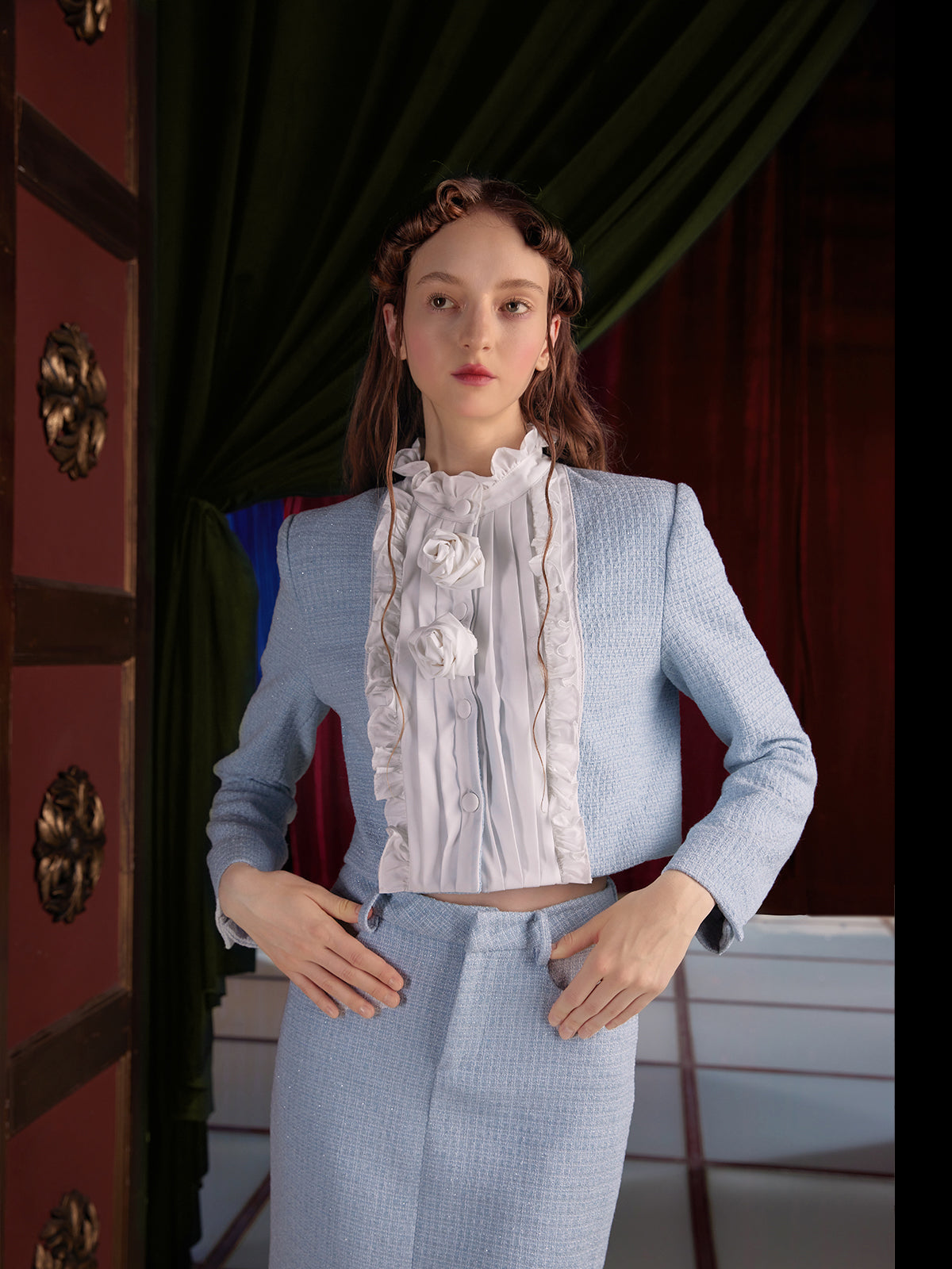 Pleated Ruffled Switching Tweed Touch Jacket & Mermaid Skirt