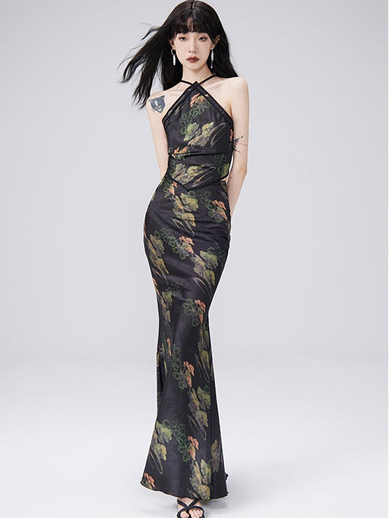 Design chinois ouvert Sangle Back Top et sirène longue jupe