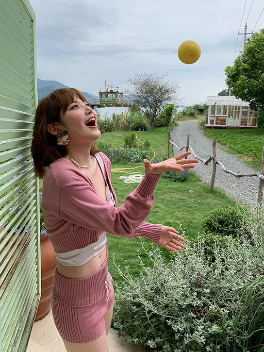 Knitted Cropped V-neck Cardigan & Short Pants