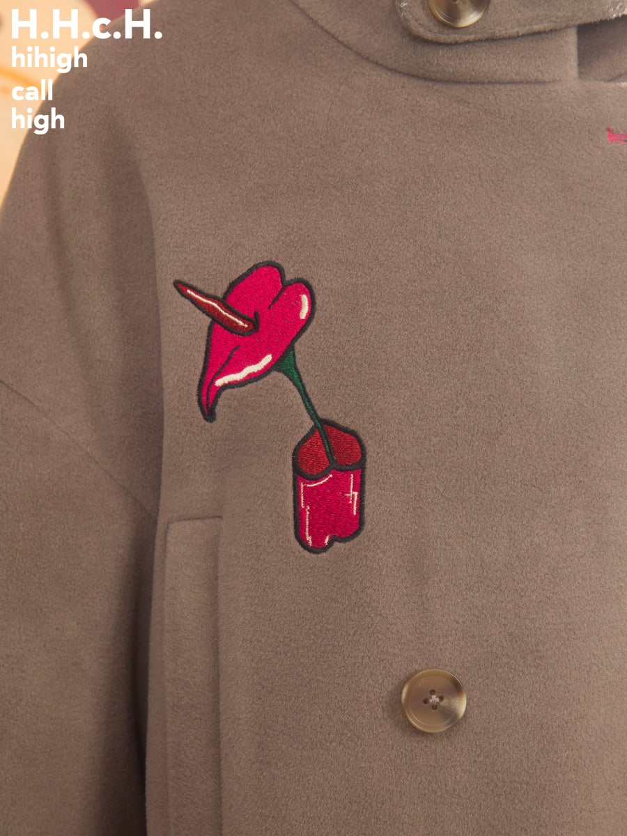 Cherry Embroidered Double Button Coat & Skirt