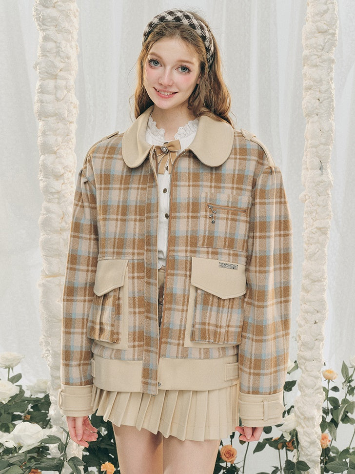 Plaid Round Collar Short Jacket & Mini Pleated Skirt