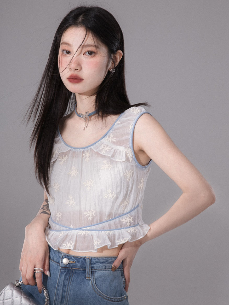 Embroidered Sleeveless Tulle Top & Tube Top