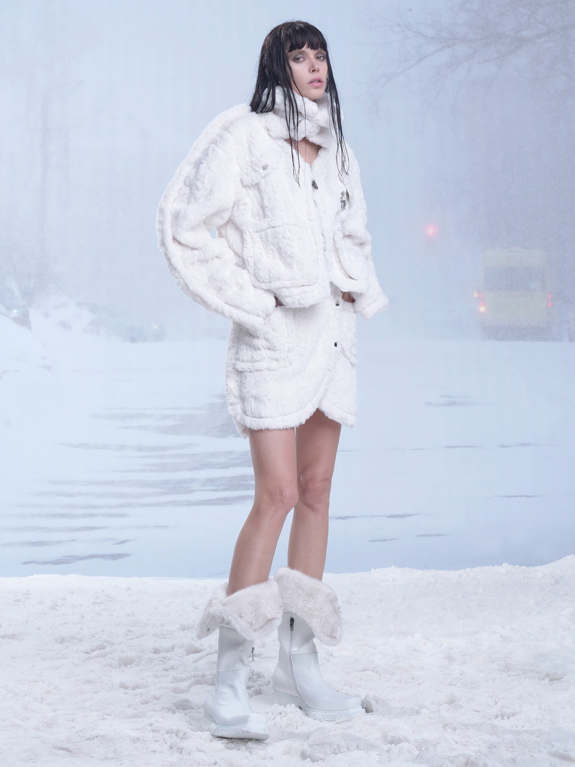 Fluffy Fur Hollow Short Jacket & Wrap Design Skirt