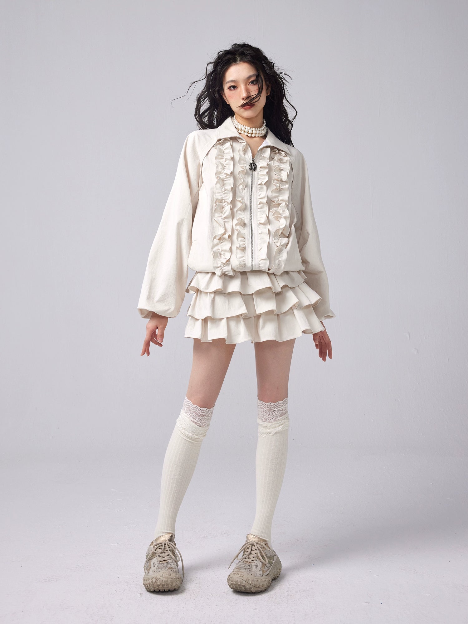 Ruffled POLO Collar Swing Jacket & Cake Skirt