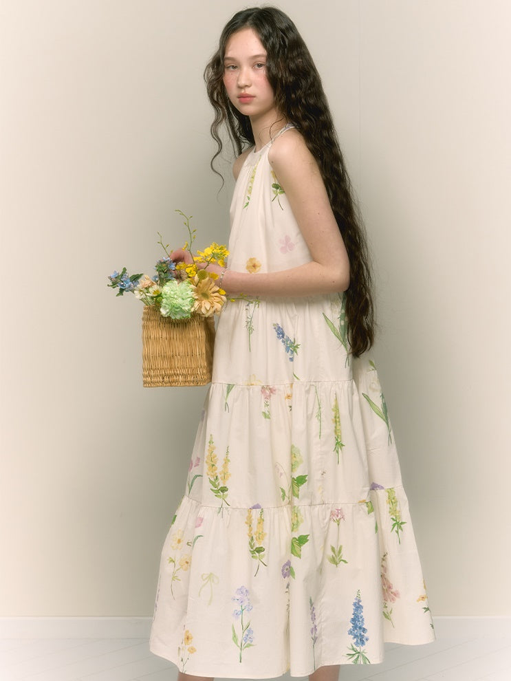French Retro Girly Print Pleated A-line Halterneck Long Dress