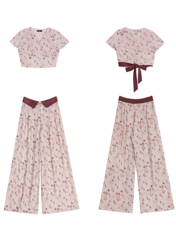FloralPrint Cross Top & Folded Casual Pants Set-up