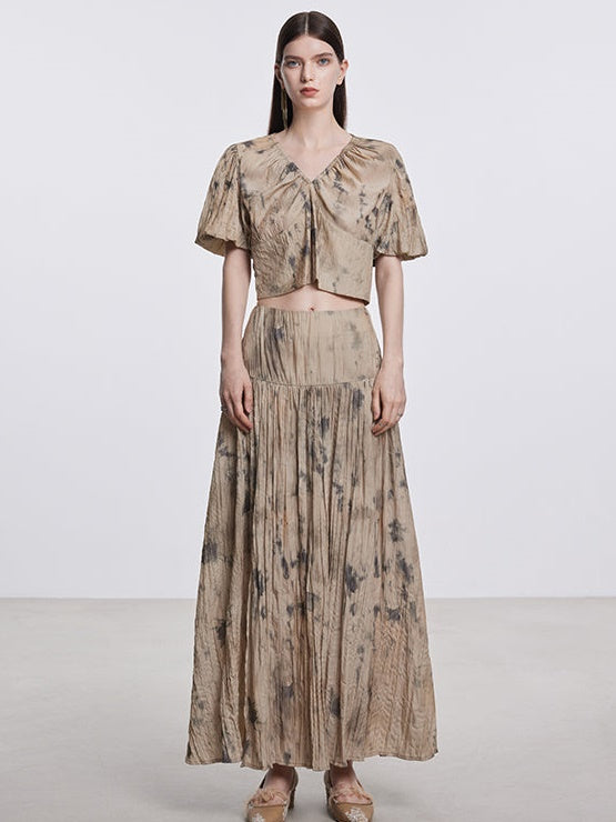 Tie-dye V-Neck Puff Sleeve Top & Gather Long Skirt