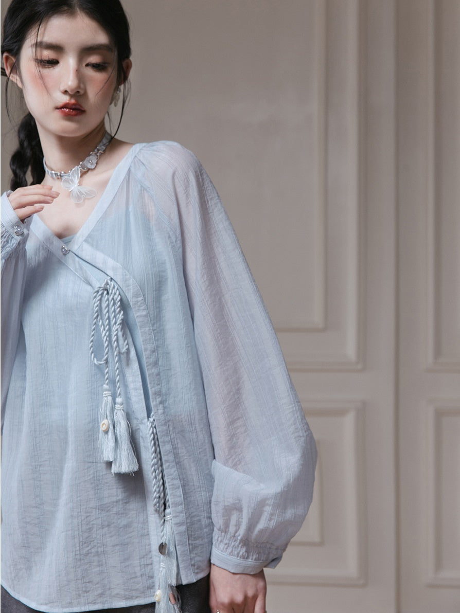 Oblique Placket Tie Sheer Shirt & Camisole Set-up
