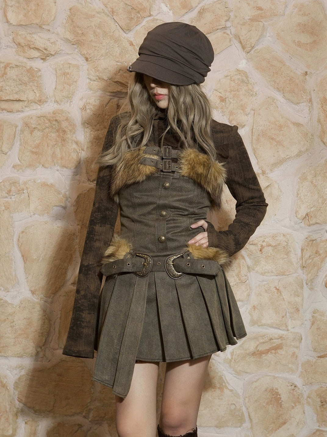 Fur Stitch Suspender Pleated Dress & Fur Belt