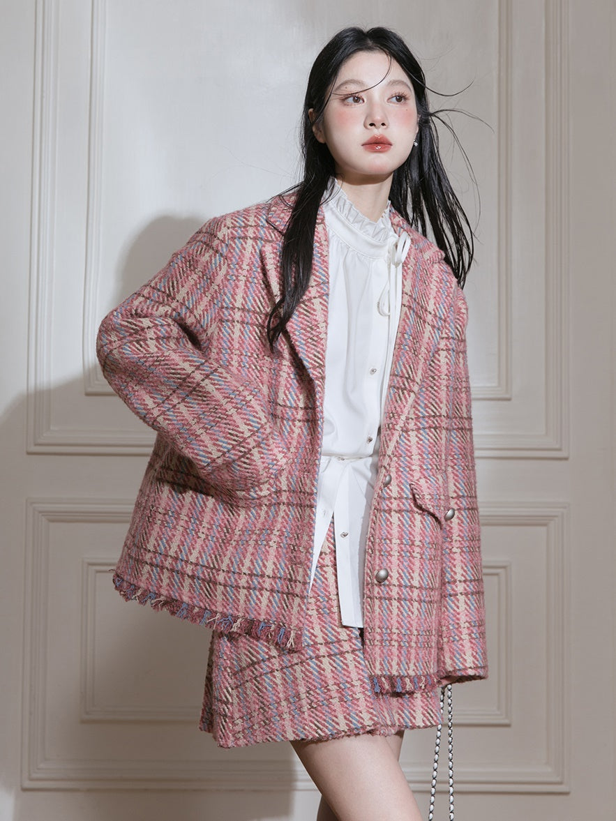 Plaid Tweed Asymmetry Design Jacket & Skirt