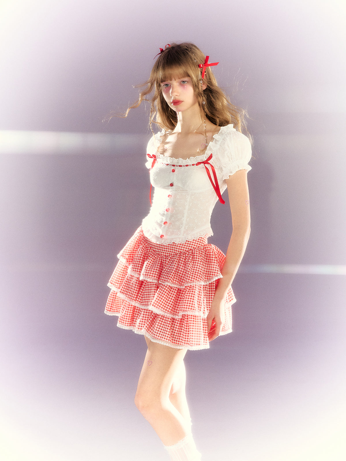 Lace Ribbon Puff Sleeve Top & Gingham Check Cake Skirt