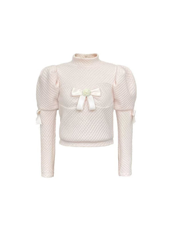 Lace Bow Flower Decoration Padded Suspender Dress & Puff Sleeve Top