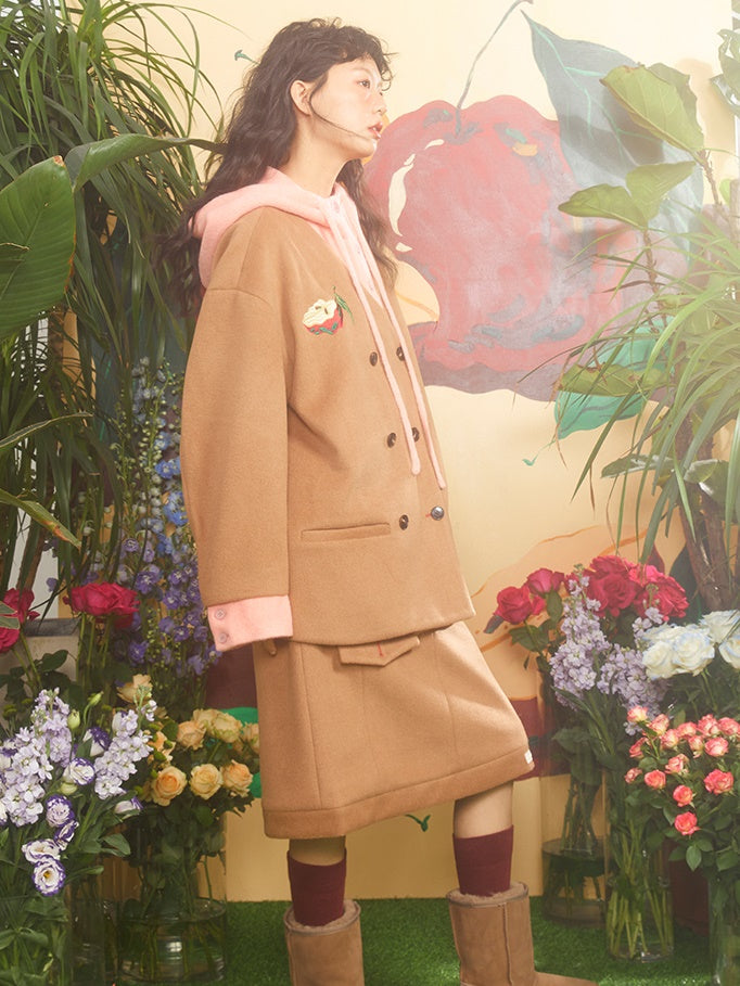 Apple Embroidered Fake Two-piece Patchwork Hooded & A-line Skirt