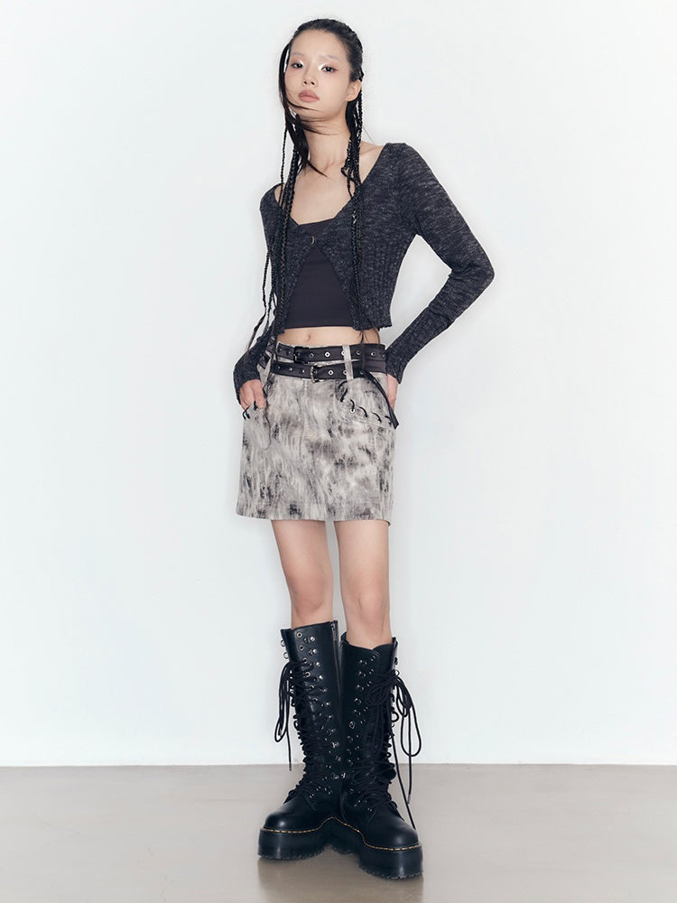 Mottled No Collar Jacket & A-Line Mini Skirt