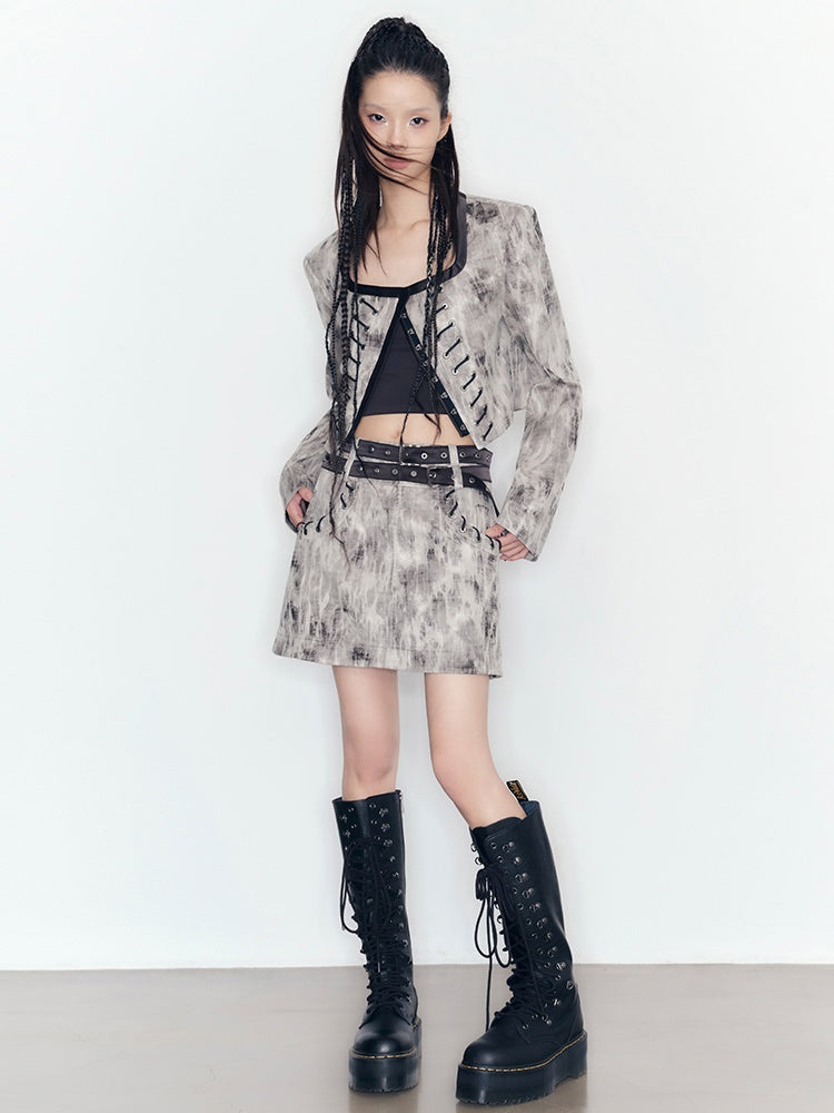 Mottled No Collar Jacket & A-Line Mini Skirt