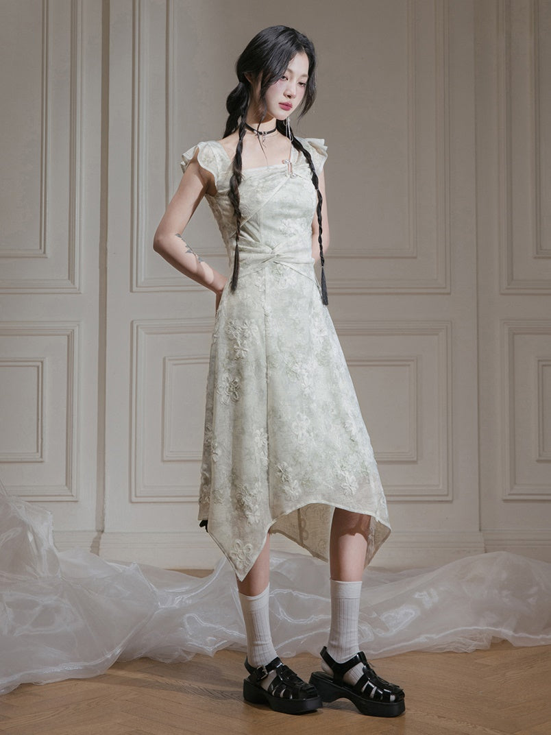 Frill Sleeve Knitted Flower Jacquard Dress