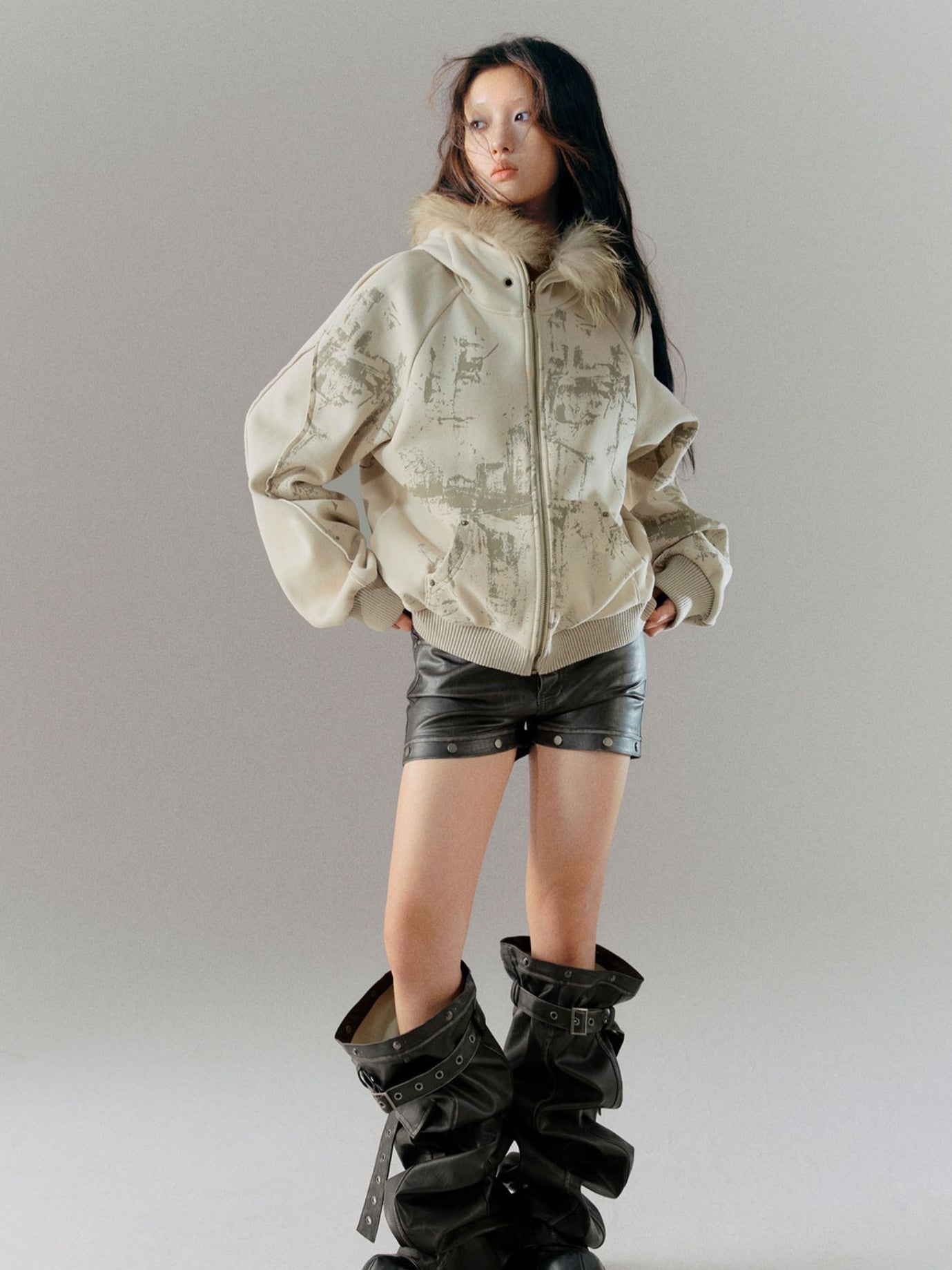 Loose Mottled Graffiti Fur Stitch Hooded Sweat Jacket