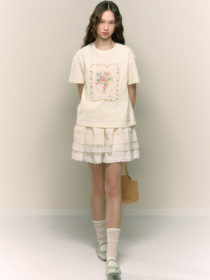 Bow Floral Patch Embroidered Loose Round Neck T-shirt