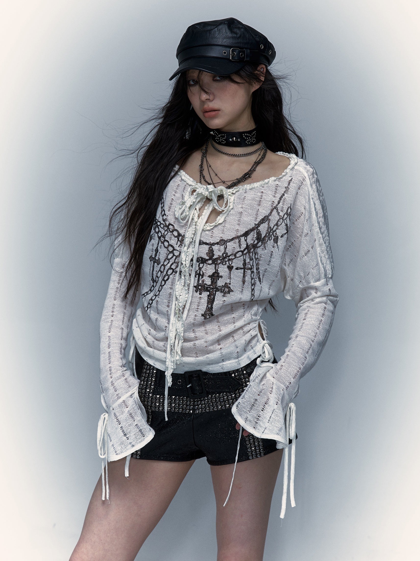 Chain Cross Printed Drawstring Slightly See-through Top