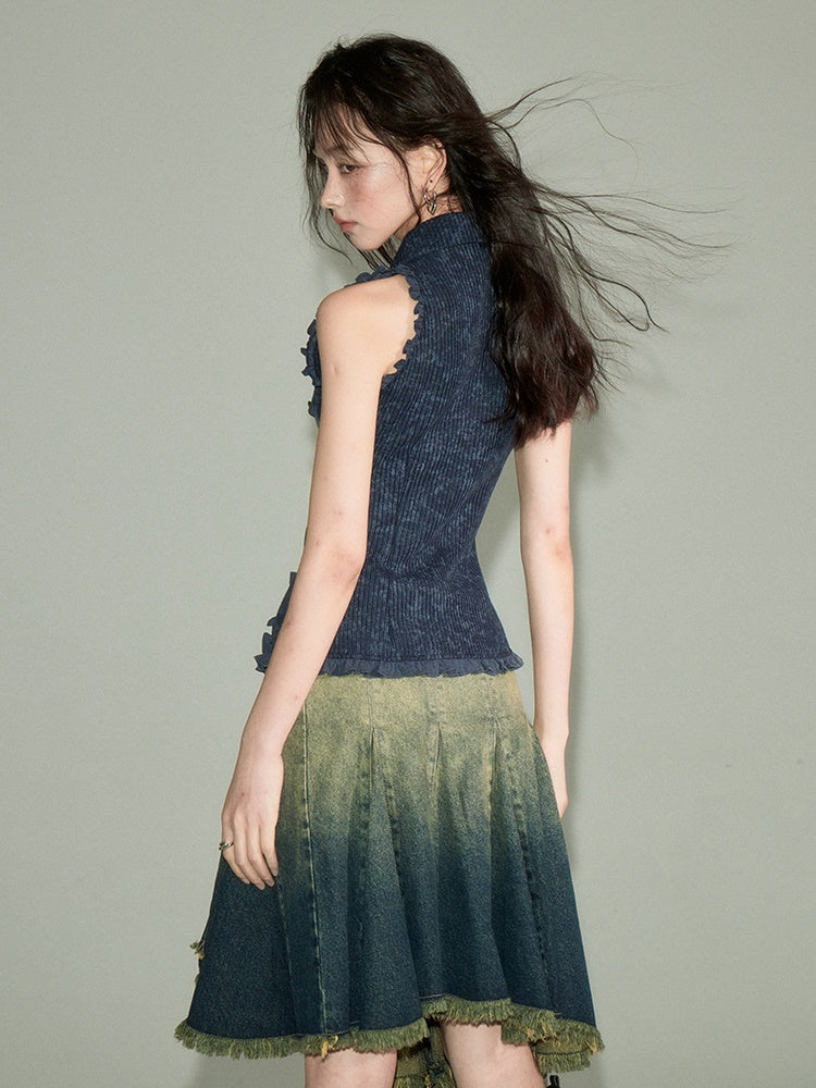 Polo Collar Knitted Sleeveless Top & Shawl Cardigan Set-up