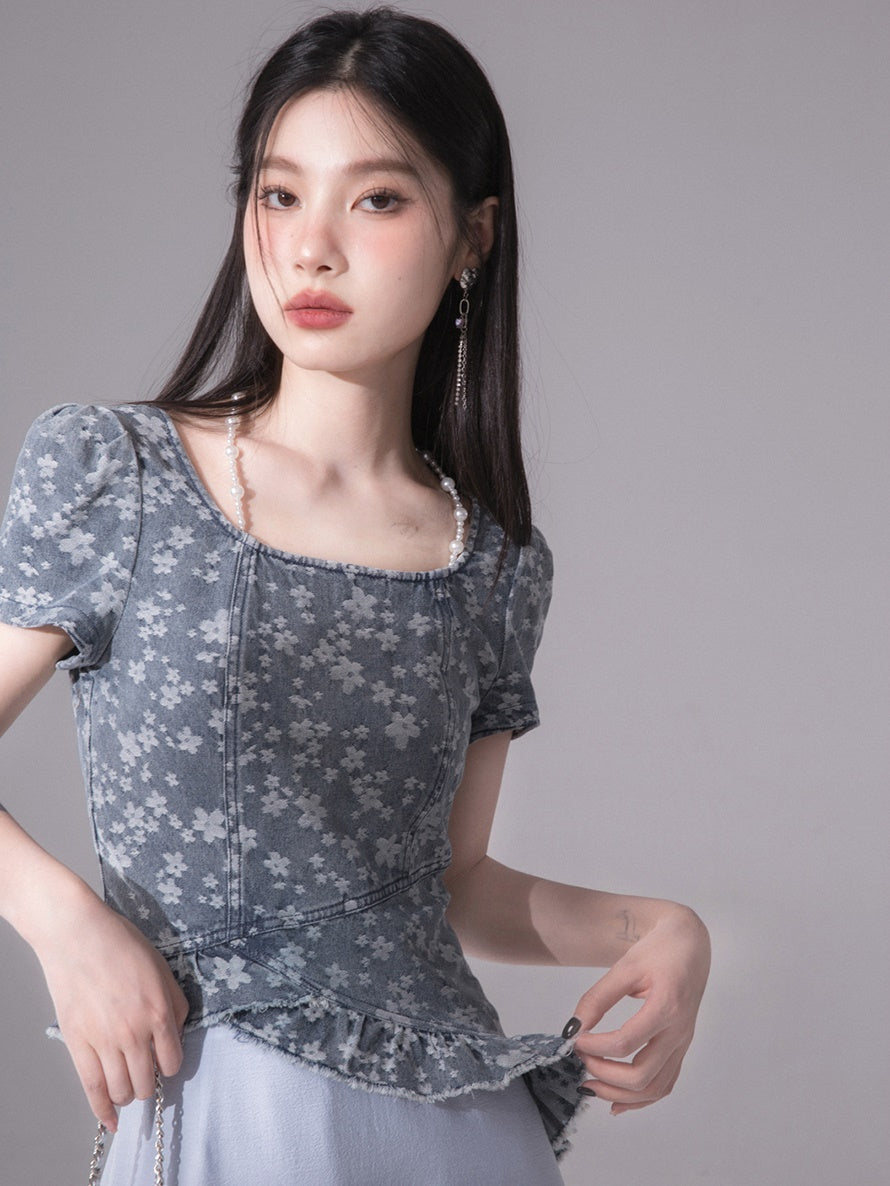 Midsummer Denim Jacquard Short-sleeved Top