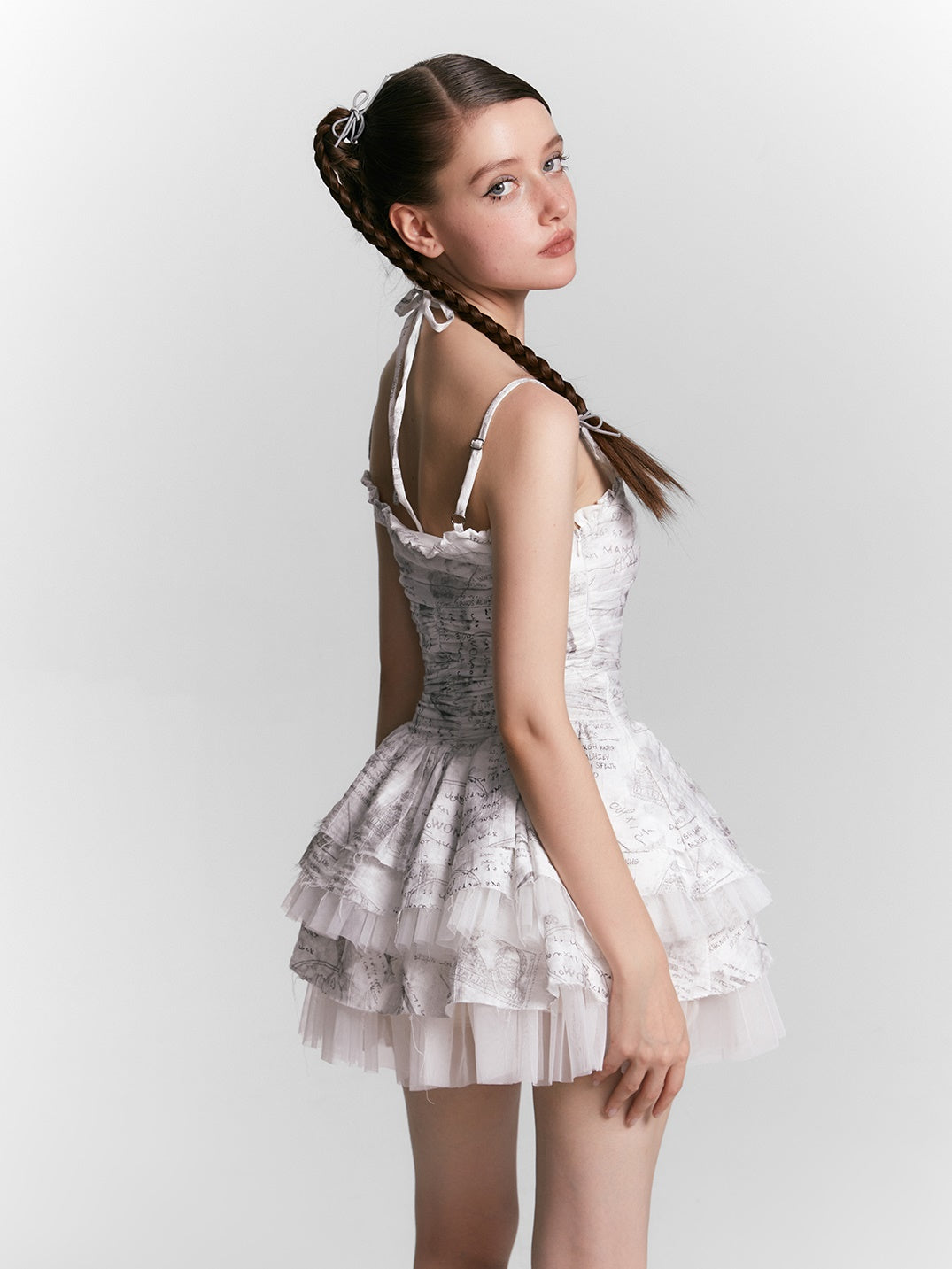 Retro Newspaper Shirring Suspenders Fluffy Dress