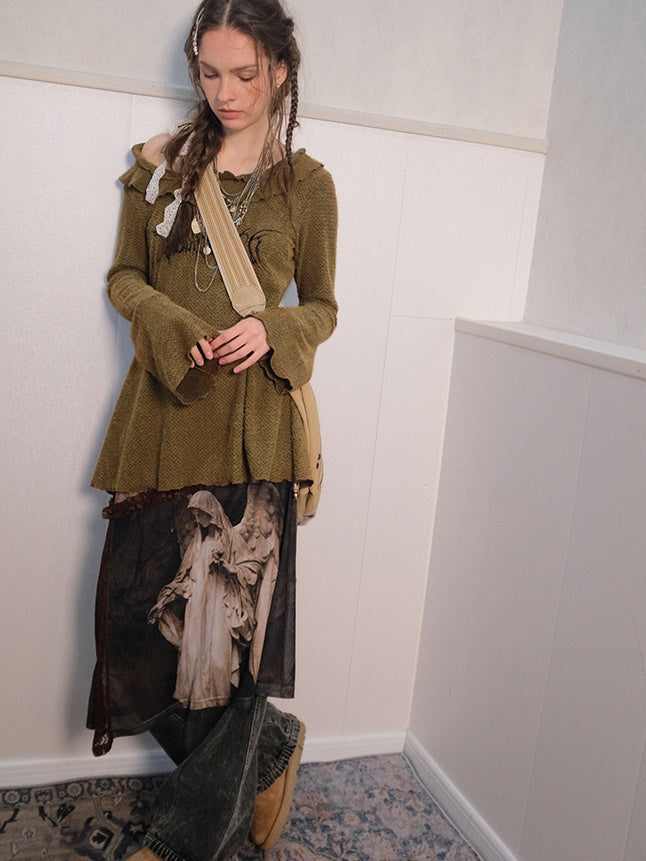 Angel Printed Leather Splicing Mesh Layered Skirt